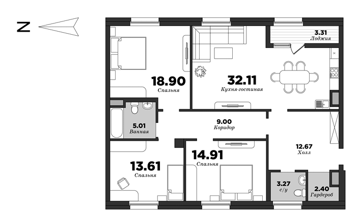 NEVA HAUS, 3 bedrooms, 113.54 m² | planning of elite apartments in St. Petersburg | М16